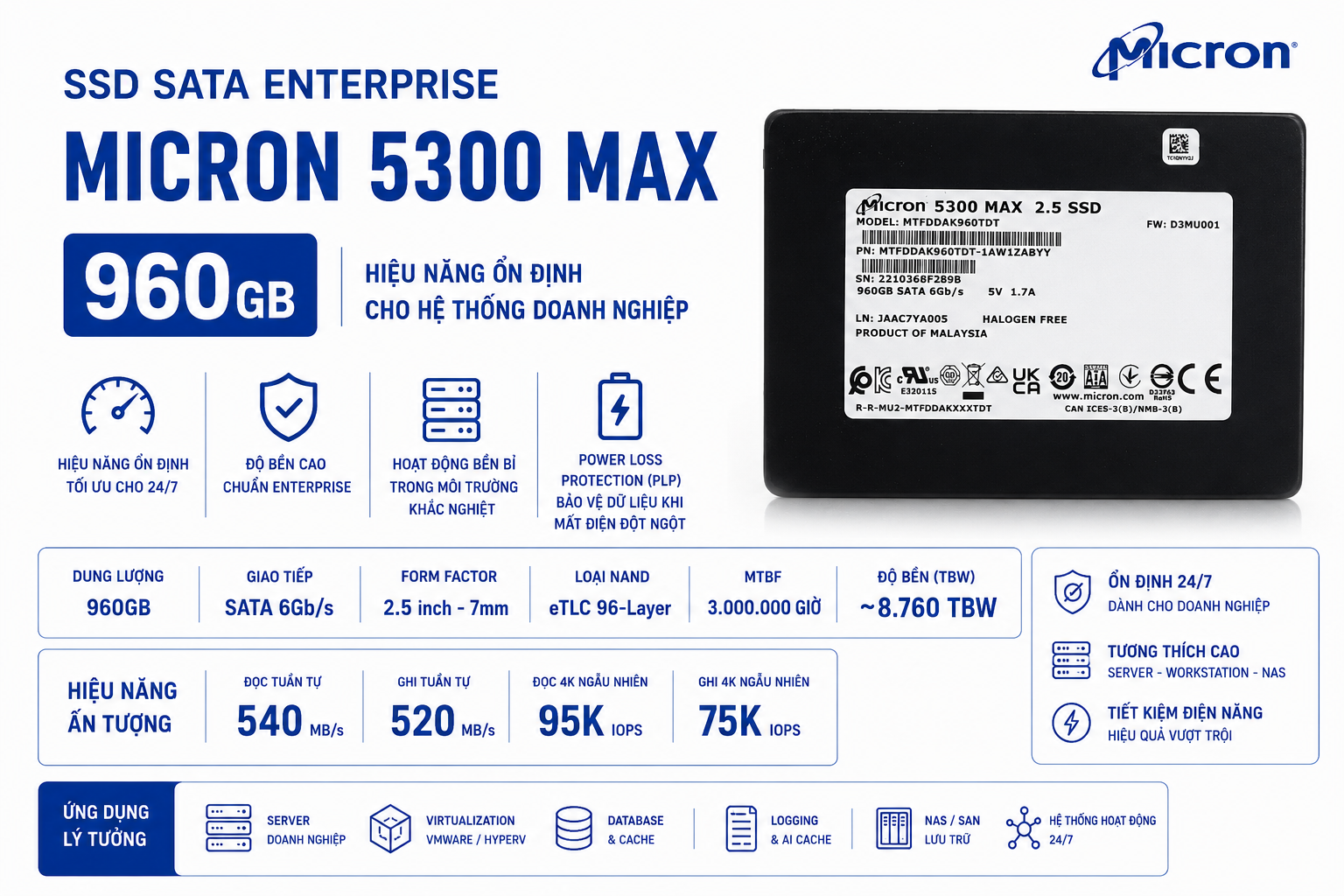 SSD Sata Enterprise Micron 5300 Max 960Gb (Used)